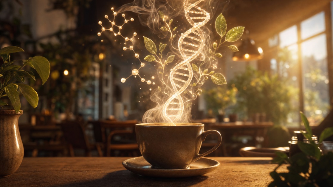 コーヒーの湯気がDNAや植物分子へと変化する、神秘的な一杯