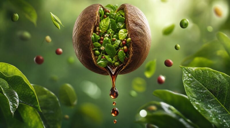 コーヒー豆の中から溢れ出す、鮮やかな緑の植物とポリフェノール
