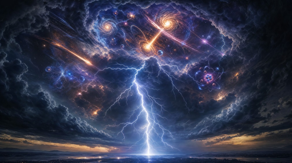 巨大な稲妻と、雲の中に渦巻く銀河や素粒子が融合した壮大な光景