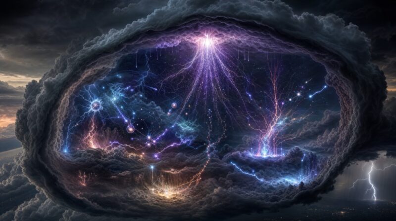 雷雲の内部で淡く発光し、明滅するガンマ線と未知の粒子の世界