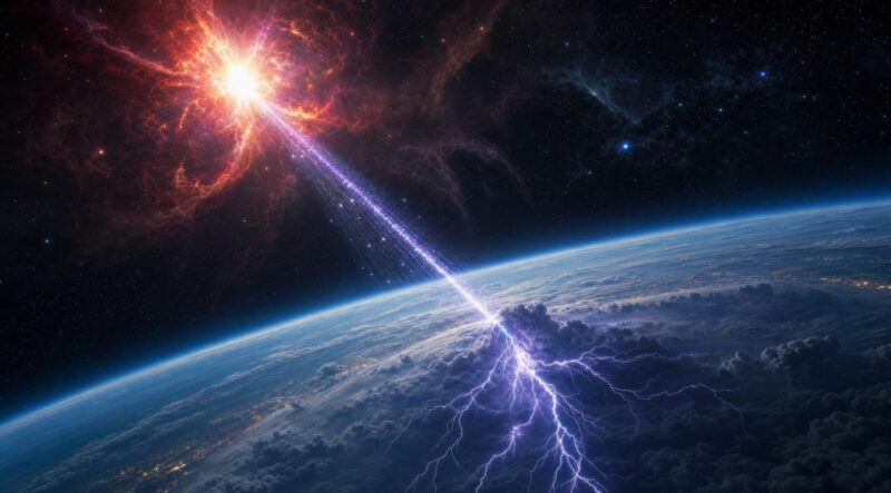 遠方の超新星から届く宇宙線が、地球の大気に稲妻の道筋を作る様子