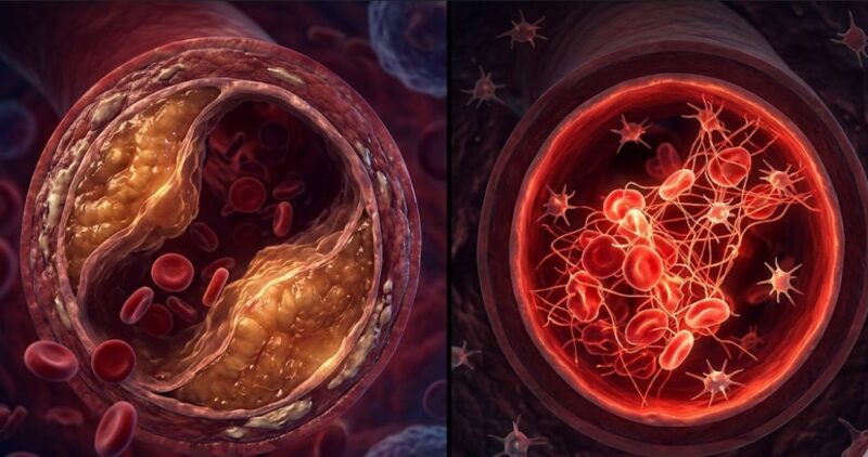 動脈硬化（蓄積）と血栓（凝固）という、異なる2つの生物学的プロセス